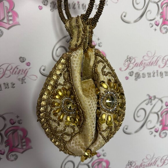 Bag Folded Handmade India-Gold Sequin Beads/Rhinestones/Wristlet/Purse/Bag round - Picture 9 of 12